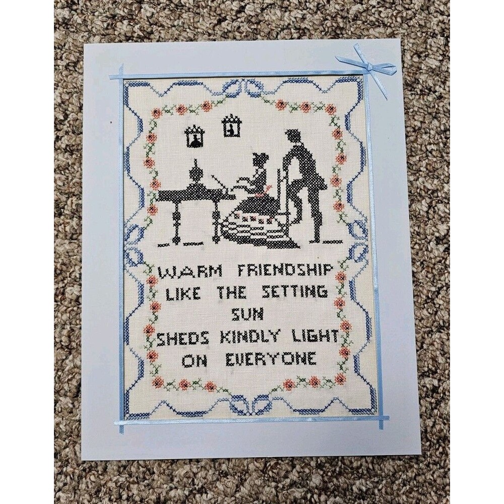 Vintage Needlepoint Warm Friendship Like The Setting Sun Matted Blue